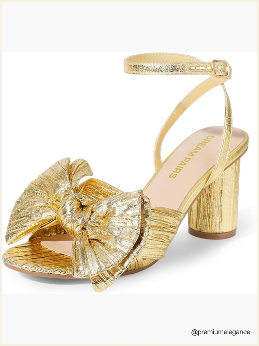 Gold Bow Knot Heeled Sandals Low Chunky Heels Open Toe Ankle Strap Slingback